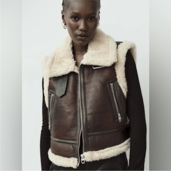 ZARA DARK BROWN CROPPED DOUBLE FACED VEST SIZE:XS 8073/238 - Picture 3 of 9